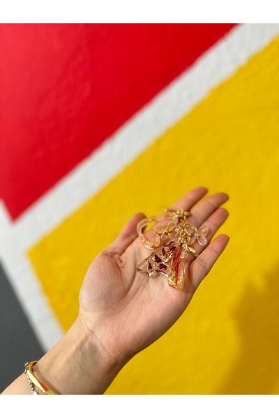 epoksiya A Letter Rose Petal and Real Flower Embroidered Gold Foil Star Ring Figured Epoxy Letter Keychain