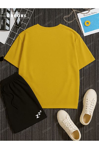 EFFRENATU Lazzzy Printed Cotton Unisex Yellow T-Shirt-Black Shorts Set
