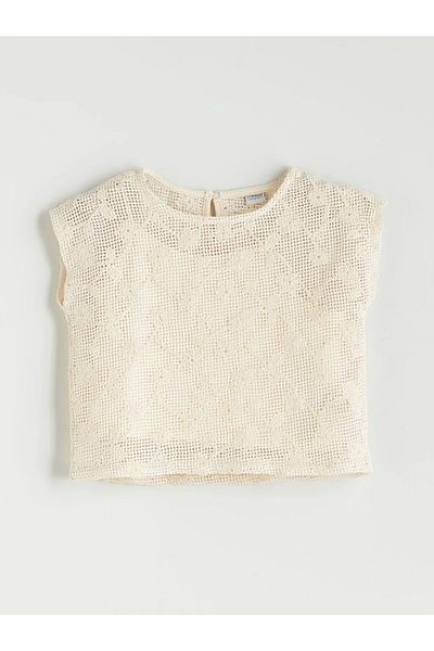 LC Waikiki Lcw Kids Ecru Crew Neck Lace Detailed Girl's Blouse