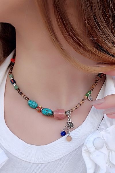 Fildişi Aksesuar Ethnic Design Handmade Women's Necklace with Turquoise Natural Stone (45 cm)