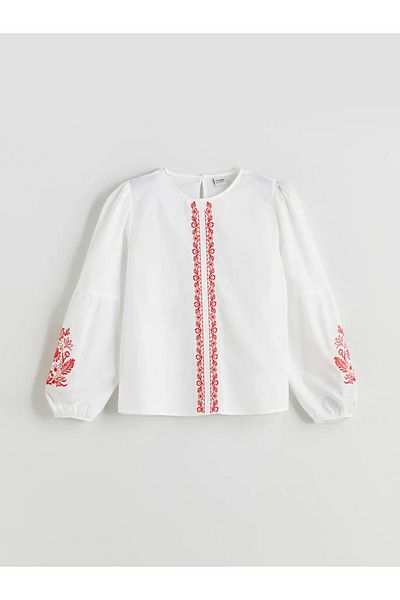 LC Waikiki Lcw Kids White Crew Neck Embroidered Girl's Blouse