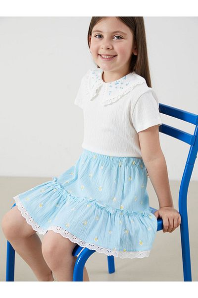 LC Waikiki Ecru Floral Girl's Blouse and Skirt 2-Piece