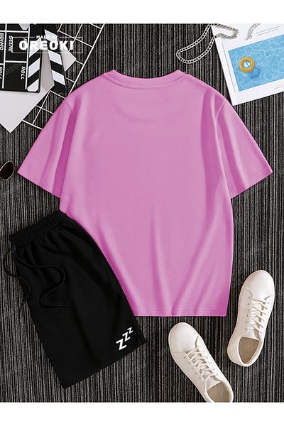 EFFRENATU Lazzzy Printed Cotton Unisex Pink T-Shirt-Black Shorts Set