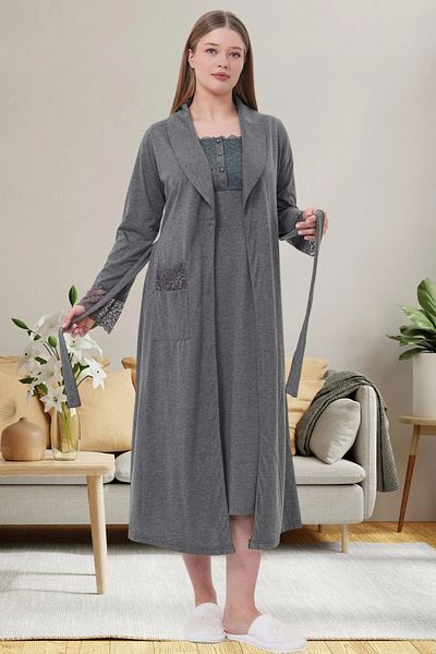 By Mecit Pijama Women's Short Sleeve Guipure Detailed Morning Gown Nightgown Pajamas 4-Piece Maternity Set 75% Cotton 25% Viscose