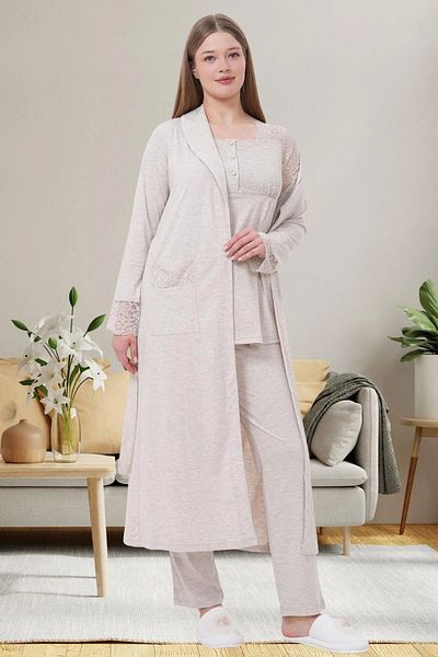 Mecit Pijama Women's Short Sleeve Guipure Detailed Morning Gown Nightgown Pajamas 4-Piece Maternity Set 75% Cotton 25% Viscose