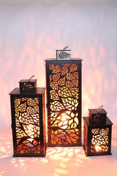 Elioure Siyah Ahşap Fener Mumluk 3'lü Set, Şık Yaprak Tasarımıyla Dekoratif A...