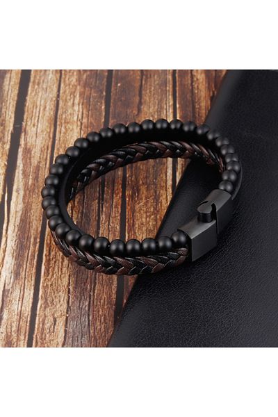 xUPING Genuine leather and volcanic rock bracelet with multiple strands, magnetic clasp, black
