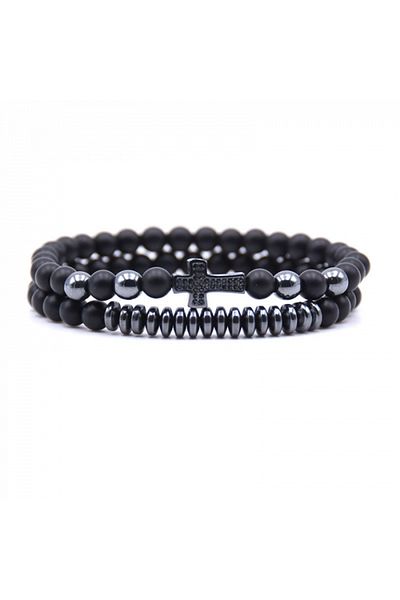 Tessero Set of two elastic bracelets made of natural stone, matte onyx, cross pattern plated with zircon stones