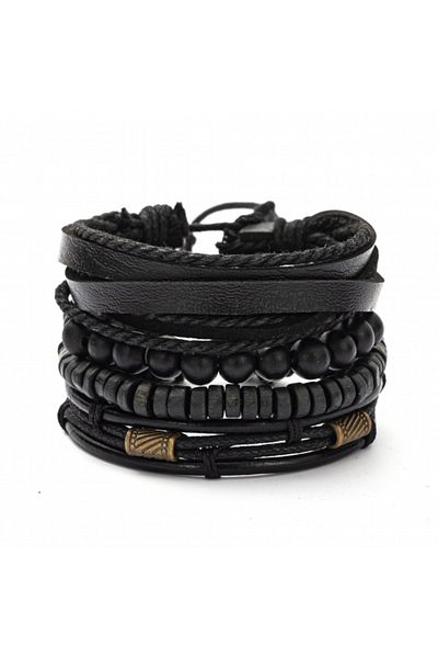 Tessero Set 4 brățări din piele și rocă vulcanică, lucrate manual, Tessero, negru