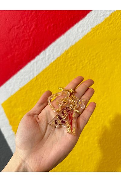 epoksiya A Letter Rose Petal and Real Flower Embroidered Gold Foil Star Ring Figured Epoxy Letter Keychain