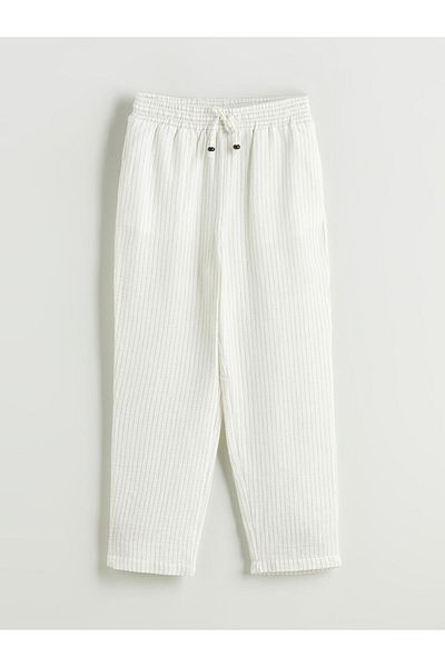LC Waikiki Women's Striped Linen Look Trousers with Elastic Waist