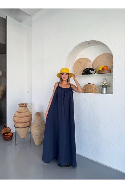 Ahsenbutik Women's Gathered Collar Adjustable Strap Long Dress - Navy Blue