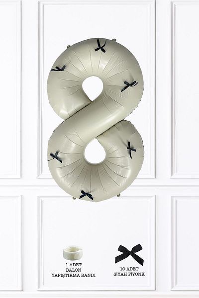 PEKSHOP 8 Year Old Black Bow Retro Cream Number Balloon 80 cm with Black Ribbon