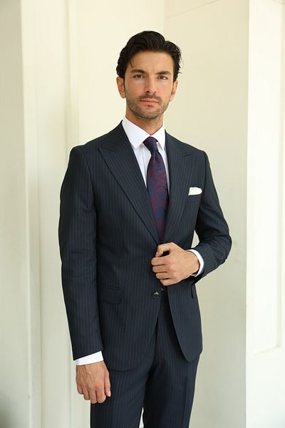 AEK FIORE Men's Navy Blue Striped Suit