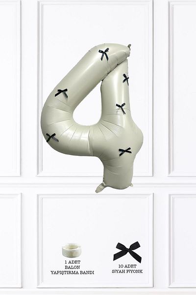 PEKSHOP 4 Years Old Black Bow Retro Cream Number Balloon 80 cm with Black Ribbon