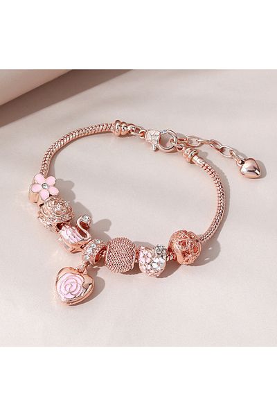 xUPING Women's Pandora bracelet with charms, adjustable, 18k gold plated, rose gold