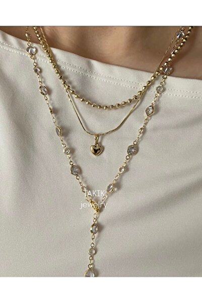 Çelik Y Kolye Zirkon Taşlı Altın Renk Uzun Y Kolye