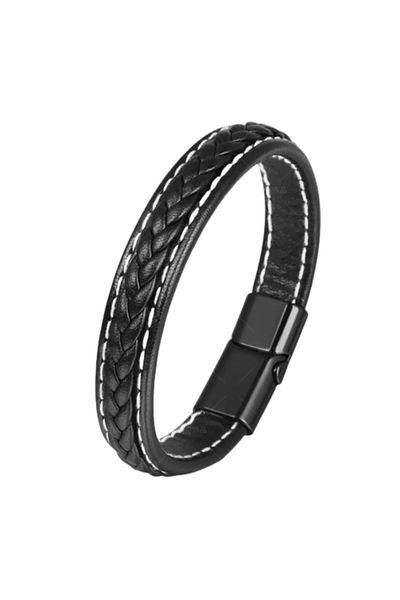 Tessero Bratara din piele naturala, model impletit cu cusatura, prindere magnet, 20 cm, Tessero, negru