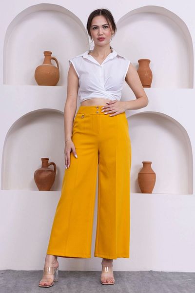lodmela Pocket Detailed Palazzo Trousers 301-Yellow