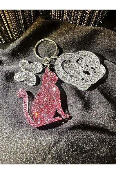 epoksiya سلسلة مفاتيح على شكل قطة باللون الوردي الفاتح والفضي اللامع مع شكل إ...