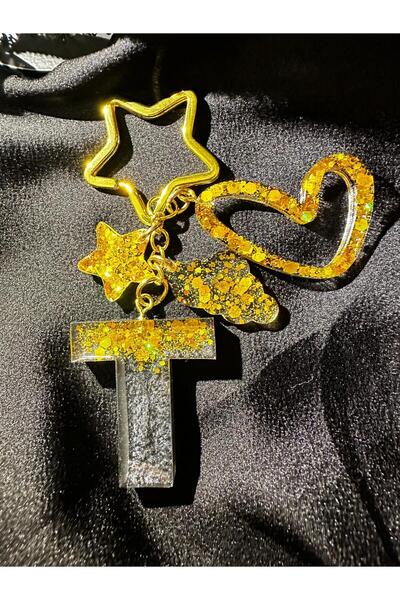 epoksiya حرف T من رقائق الذهب الرمادي الفحمي مع حلقة نجمة إيبوكسي هدية على شكل حرف T