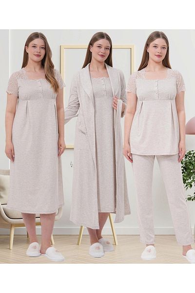 Mecit Pijama Women's Short Sleeve Guipure Detailed Morning Gown Nightgown Pajamas 4-Piece Maternity Set 75% Cotton 25% Viscose