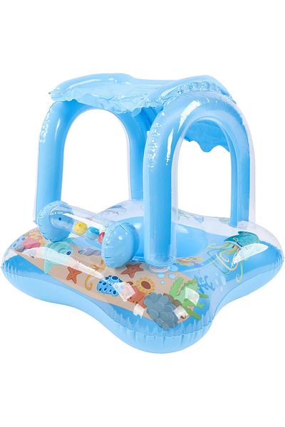 Picodino Inflatable boat-type ring with removable sunshade and rattle toys, 60x58x60 cm, blue