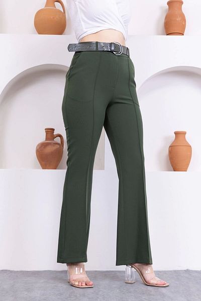 lodmela Belted Spanish Leg Women's Fabric Trousers 314-Khaki