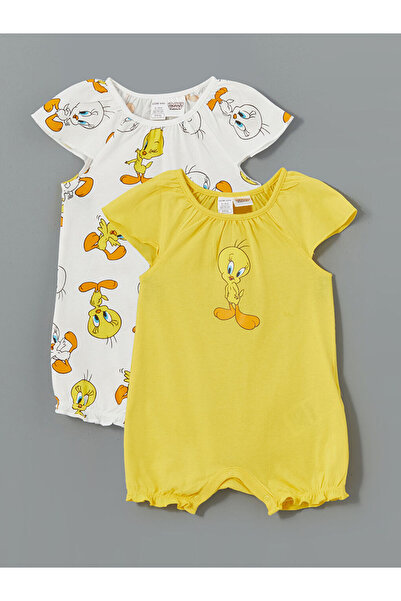 LC Waikiki Yellow Printed Baby Girl Combed Cotton Jumpsuit 2-Piece Set