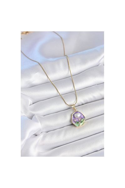 Skygo 316L Steel Gold Color Chain Purple Flower Embroidered Pearl Detail Portrait Model Women's Necklace - Tj-Bko10127