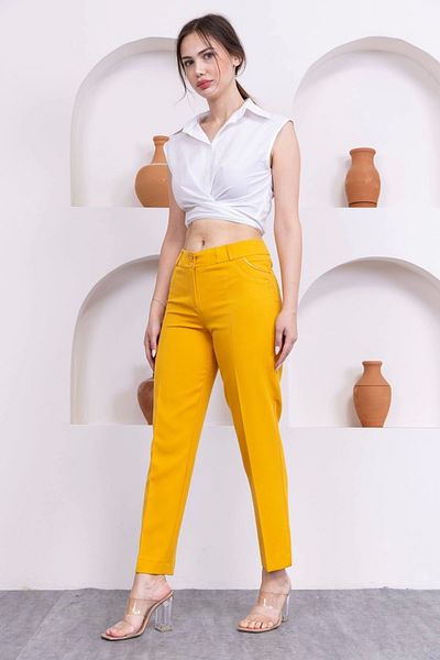 lodmela Pocket Detailed Ankle Length Women's Fabric Trousers 0101-Yellow