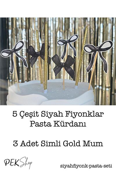 PEKSHOP Black Bow Concept Cake Ornaments Set Cake Candle and Cake Picks Decoration Set 8 Pieces