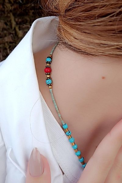 Fildişi Aksesuar Turquoise - Bronze Colored Ethnic Handmade Women's Necklace (55 cm)