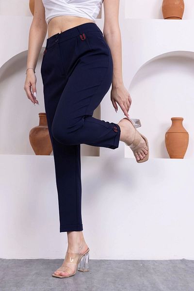 lodmela Pile Detailed Double Leg Women's Fabric Trousers 324-Navy Blue