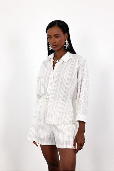 5in1Canpolat White Oversize Striped Shirt Shorts Set 51179