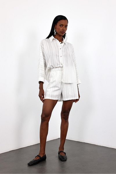 5in1Canpolat White Oversize Striped Shirt Shorts Set 51179