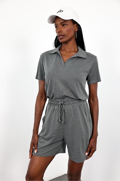 5in1Canpolat Anthracite Ribbed Polo Neck Tshirt Shorts Set