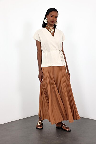 5in1Canpolat Natural Drawstring Pleated Maxi Dress 36546