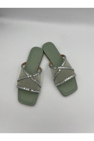 Ömer Ediz Shoes Stone Detailed Women's Mesh Flat Slippers – Summer Comfortable Sandals - Ömer Ediz Shoes