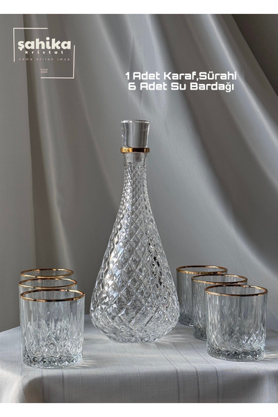 Şahika Kristal cama atılan imza 7 Parça Lara Gold Yaldızlı Karaf, Sürahili Lü...