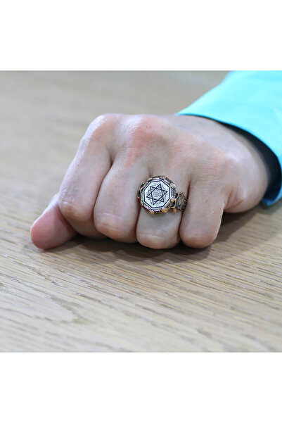 Tesbihane Sekizgen Tasarım Mührü Süleyman Duası İşlemeli Kenarları Ayyıldız Detaylı 925 Ayar Gümüş Erkek Yüzük