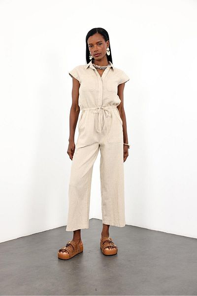 5in1Canpolat Natural Waist Gathered Zero Sleeve Jumpsuit 1007