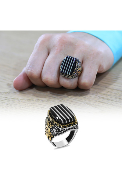 Tesbihane Erzurum Oltu Taşı Üzerine Gümüş Dikey Şerit İşlemeli Koleksiyonluk 925 Ayar Gümüş Erkek Yüzük