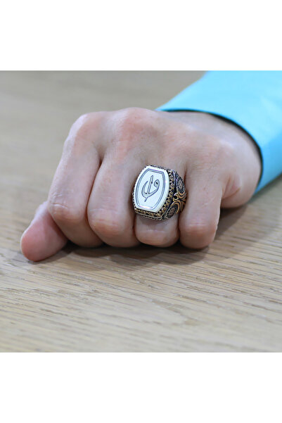 Tesbihane Fildişi Üzerine Arapça Elif Vav İşlemeli Zirkon Taşlı Koleksiyonluk 925 Ayar Gümüş Erkek Yüzük