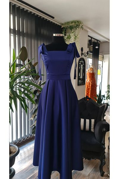 makbuleofficial Navy Blue Satin Midiboy Square Neck Promise Engagement Homecoming Dress