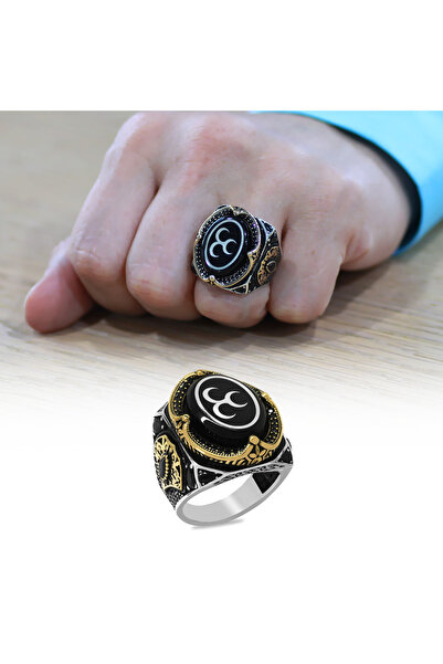 Tesbihane Erzurum Oltu Taşı Üzerine Üç Hilal İşleme Kenarları Zirkon Koleksiyonluk 925 Ayar Gümüş Erkek Yüzük