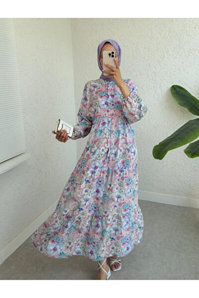 Modamorfo Φόρεμα με λουλουδάτο εμπριμέ με μισό κουμπί - Πούδρα