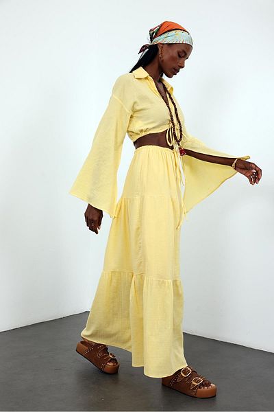 5in1Canpolat Yellow Muslin Tie Shirt Skirt Set 251007