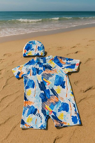 RONYPONY erkek Çocuk Tam Vücut Sirt Fermuarlı Mayo Sevimli Desen Baskilı Boneli Takim