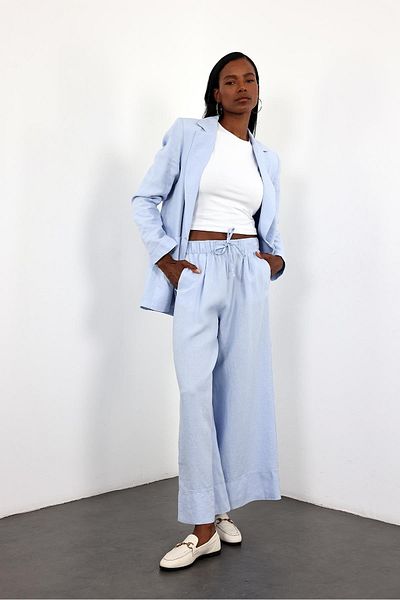 5in1Canpolat Blue 100% Linen Elastic Waist Trousers